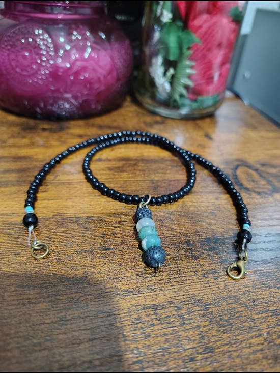 Handmade Other - Black Beaded Men’s Necklace with Green Stone Accents,  Handmade